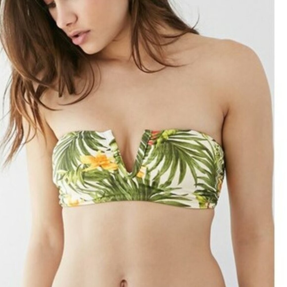 FOREVER 21 Size Medium Tropical Floral Strappy Bikini Top Green Yellow Braided